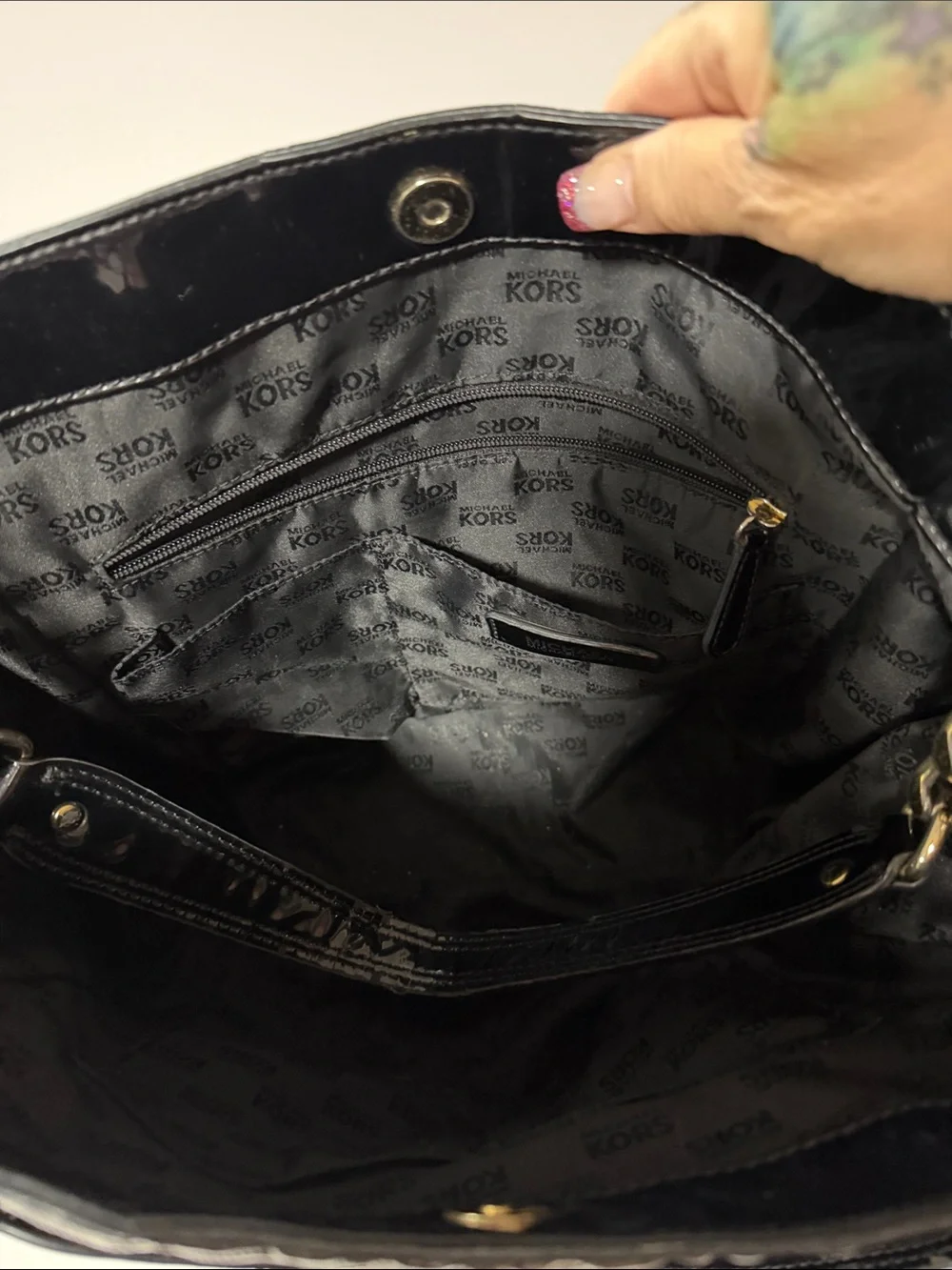 Michael Kors Black Patent Logo Shoulder Tote with Gold Accents